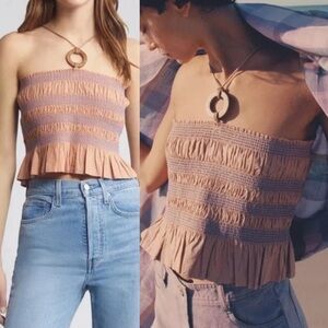 NWOT Sessun Navi Smocked Crop Cotton Halter Chamotte Poplin Cutout Tie Back Top